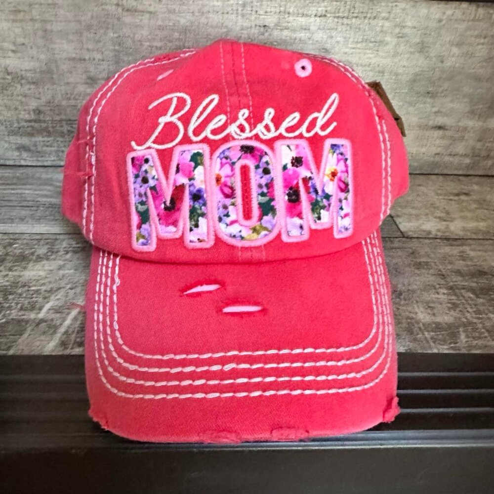 NWT KBETHOS Distressed Pink Blessed Mom Baseball Cap with adjustable closure